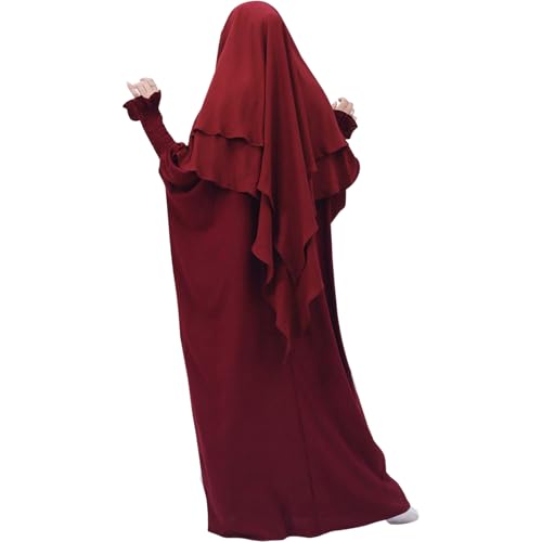 Lenmipot Islamic Women Jilbab Abayas Muslim Abaya Dress for Women Middle East Kaftan Dubai Dress Eid Prayer Clothes - color: Wine