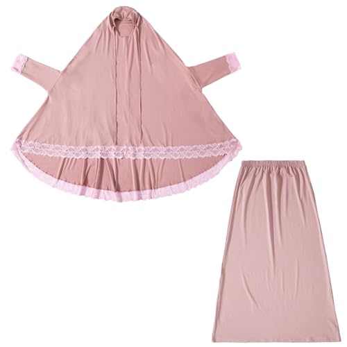 IBTOM CASTLE Little Girls Muslim Prayer Dress Abaya Long Sleeve Full Cover Lace Hijab Kaftan Dubai Islamic Modest Eid Jilbab - color: Pink, size: 6-7 Years