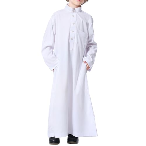 Arabic Thobe for Boys Muslim Solid Color Dress Long Sleeve Kaftan Teens Middle East Islamic Prayer Clothes Ramadan Eid Outfit - color: White, size: 3-4T