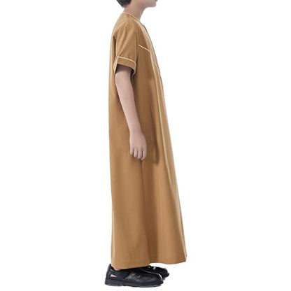 Boys Short Sleeve Muslim Thobes Islamic Kids Half Zipper Eid Traditional Prayer Kaftan Thobes Toddler Abaya Clothes - color: Khaki, size: 5-6 Years