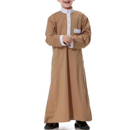 Arabic Thobe for Muslim Boys Eid Outfit Long Sleeve Kaftan Kids Prayer Dress Boys Muslim Thobe Ramadan Islamic Clothing - color: Brown, size: 11-12 Years