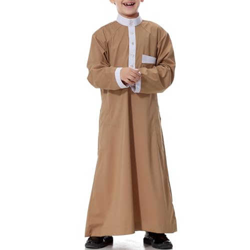 Arabic Thobe for Muslim Boys Eid Outfit Long Sleeve Kaftan Kids Prayer Dress Boys Muslim Thobe Ramadan Islamic Clothing - color: Brown, size: 7-8 Years