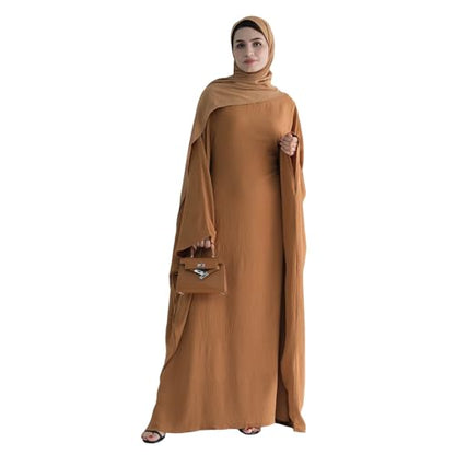 Abaya 무슬림 여성용 드레스 배트윙 슬리브 루즈핏 맥시 겸손한 이슬람 의류 히잡 스카프 포함 기도 드레스 - color: 카키