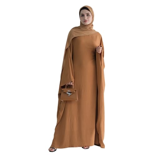 Abaya Muslim Women Dress Batwing Sleeve Loose Maxi Modest Islamic Clothes Prayer Dress with Hijab Scarf - color: Khaki