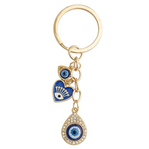 Blue Evil Eye Keychain Hamsa Hand Protection Keyring Good Luck Amulet for Purse Keys,Spiritual Gift for Women Men - color: Gold-3