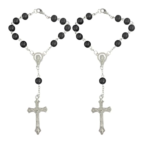 2PCS Rosary for Rearview Mirror, Black Rosary Pendant Car Interior Rear View Mirror Charm Auto Decor, Medal and Cross Personalized Hanging Accessories for Women Men - color: Black