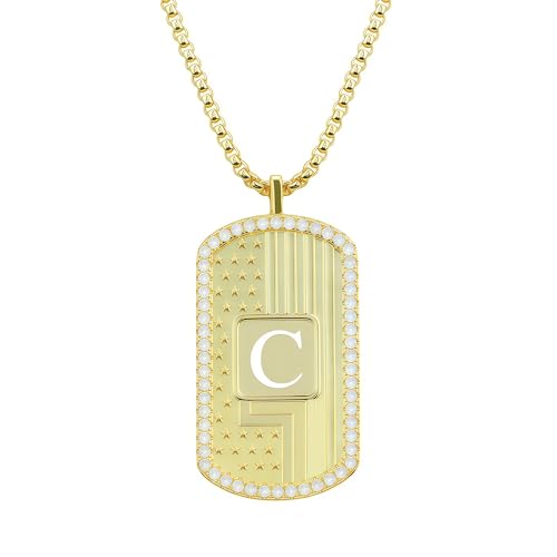 American Flag 18K Gold Plated Initial Dog Tag Alphabet Pendant Necklace for Men&Women, A to Z Copper Pendant Necklace with CZ Stones, Personalized Letter Non-Tarnish Jewelry Gift - style: C