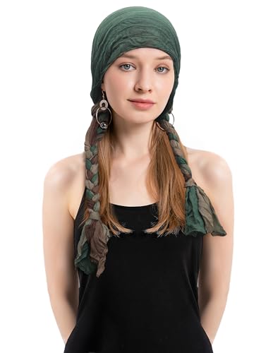 ZLYC Chemo Headwear Long Pre Tied Head Scarf Beanie for Women - color: Braid Dark Green and Brown