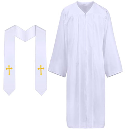 Jiuguva Clergy Robe for Adults Unisex, Priest Church Robe Set with Cross Stole, Minister Pulpit Baptism Choir Robe Attire - color: White
