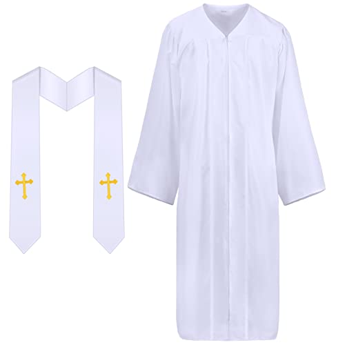 Jiuguva Clergy Robe for Adults Unisex, Priest Church Robe Set with Cross Stole, Minister Pulpit Baptism Choir Robe Attire - color: White