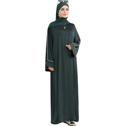 Muslim Praying Dress for Women Silk Glossy Back Zipper Robe Wear Gold Trim Modest Abaya Dress with Hijab - color: Army Green, size: Large