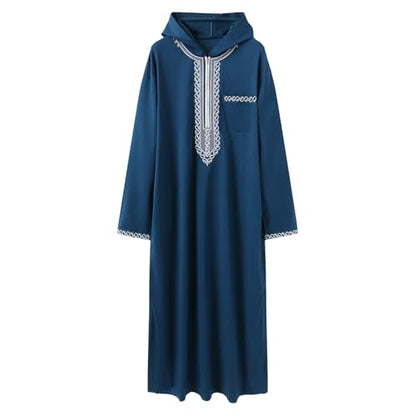 Men's Muslim Middle Arab Casual Long Sleeve Loose Hood Big and Tall Long Gown Dress Muslim Kaftan Thobe - color: Blue, size: X-Large