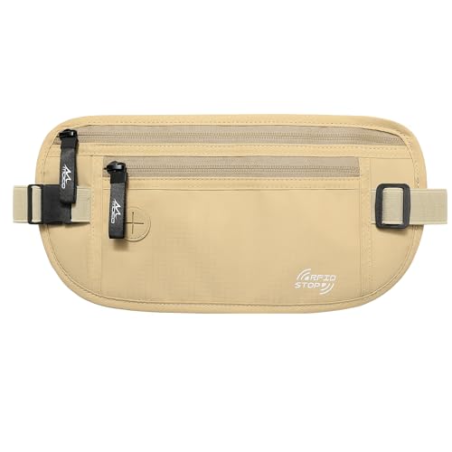 MoKo Travel Money Belt, RFID Blocking Passport Wallet | Slim RFID-blocking money belt has 3 pockets, water-resistant nylon and an adjustable strap for 28-50 in waists - color: Khaki, size: Waist for 28"-50"