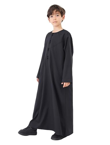 OBEEII Boy's Muslim Thobe Arab Long Sleeve Abaya Kaftan Robe Eid Ramadan Islamic Middle East Dubai Prayer Dress with Pockets - color: Black, size: 12-13 Years