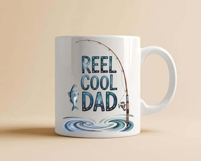Funny Fishing Gift for Dad Mug, Reel Cool Father Coffee Cup, Fisherman Present from Kids, Fathers Day Idea, Birthday Surprise for Him, Angler Humor Drinkware (11 oz White) - color: 11 oz White