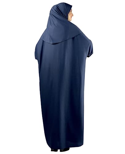 Women Prayer Clothes with Hijab Muslim Outfits Long Robe Abaya Turkish Islamic Dresses Dubai Kaftan with Rosary - color: Navy Blue