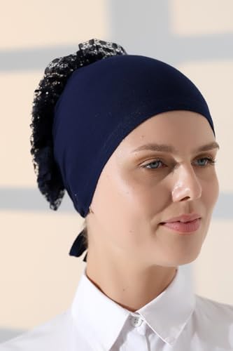 ihvan online Hijab Cap, Head Scarf Beanie, Volumizing Non Slip Head Wraps for Women, Hijab Undercap with Tie-Back Closure - color: Navy Blue