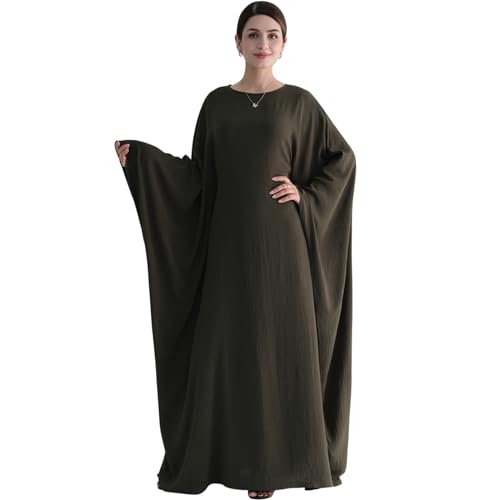 Muslim Abaya Dress Women Middle East Arabian Prayer Robe Batwing Maxi Kaftan Abaya Dress with Hijab - color: Army Green