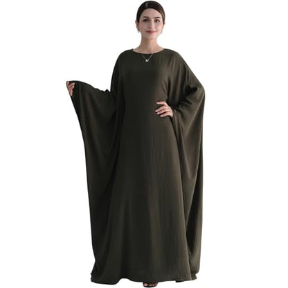 Muslim Abaya Dress Women Middle East Arabian Prayer Robe Batwing Maxi Kaftan Abaya Dress with Hijab - color: Army Green