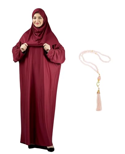 Women Prayer Clothes with Hijab Muslim Outfits Long Robe Abaya Turkish Islamic Dresses Dubai Kaftan with Rosary - color: Burgundy