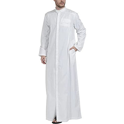 Men Muslim Clothes Solid Color Jubba Thobe Long Sleeve Stand Collar Robes Dubai Middle East - color: White, size: Large