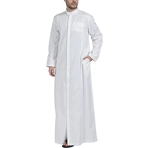 Men Muslim Clothes Solid Color Jubba Thobe Long Sleeve Stand Collar Robes Dubai Middle East - color: White, size: 3X-Large