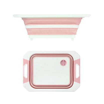 Camping Collapsible Cutting Board Dish Basin BBQ Prep Tub Camp Sink Dish Washing Station Multifunctional Storage Basket(Pink white) - color: Pink White