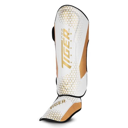 Shin Guards MMA, Muay Thai, Kickboxing, Leg Instep Protection Pads, Kicking, Sparring, Training Gear, Karate, Boxing, Taekwondo - Unisex - Black and White Colors - color: White/Gold, size: Large
