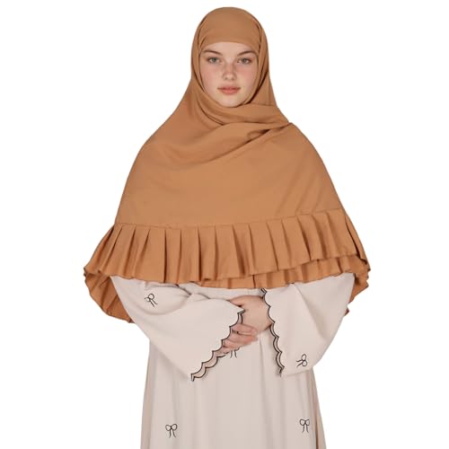 Prayer Hijab for Women Muslim Cotton Blend Lightweight Ruffled Square Scarf - color: Camel