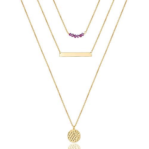 Turandoss Dainty Layered Choker Necklace, Handmade Y Pendant Necklace Multilayer Bar Disc Necklace Adjustable Layering Choker Necklaces for Women - style: 3PCS - Amethyst&Bar&Hammered Disc