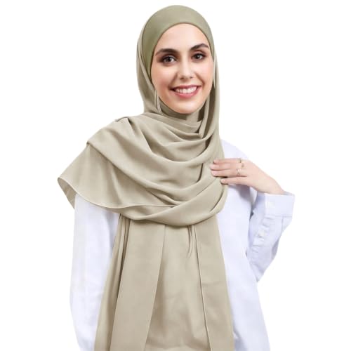 Instant Hijab Set 3-in-1 Chiffon Hijab Scarf for Women with Built-in Magnets and Undercap Head Wraps - color: Army Green
