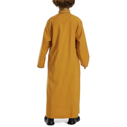 Muslim Abaya Islamic Thobe for Boys Long Sleeve Solid Festive Clothes Teen Kids Cozy Ramadan Prayer Thobe with Pocket - color: Yellow, size: 3-4T