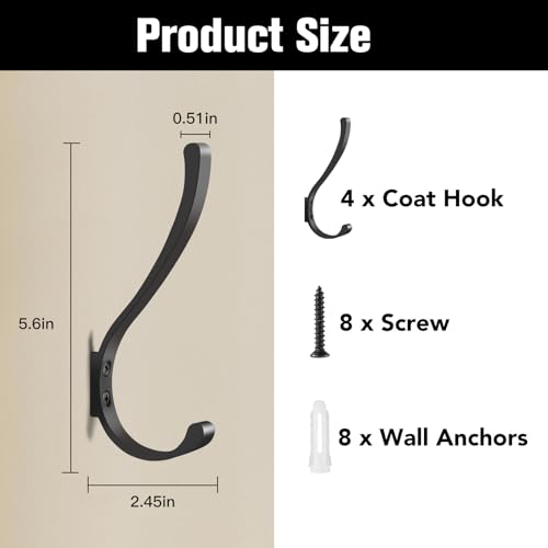 4 Pack Wall Hooks, 5.6 in Large Heavy Duty Black Coat Hooks Wall Mount Metal Towel Hooks Holder Coat Hanger Double Hooks with Screws Robe Hook for Hanging Clothes, Towel, Backpack, Bag, Hat