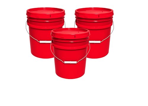 5-Gallon Bucket with Airtight Lid – Made in USA, Food Grade BPA Free Plastic, Heavy Duty Multi-Use, Metal Handle with Grip, Stackable Storage – Red, 3 Pack - color: Red, size: 3
