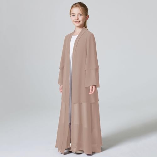 Kids Abaya Dress for Girls Muslim Dress with Hijab Chiffon Layered Open Front Cardigan Ramadan Eid Kaftans Dubai Outfit - color: Light Brown, size: 7-8 Years