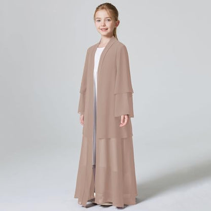 Kids Abaya Dress for Girls Muslim Dress with Hijab Chiffon Layered Open Front Cardigan Ramadan Eid Kaftans Dubai Outfit - color: Light Brown, size: 7-8 Years