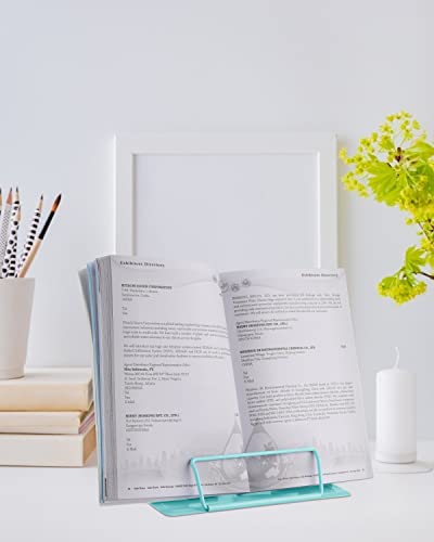 MSDADA Desk Book Stand Metal Reading Rest Book Holder Adjustable Cookbook Documents Holder Portable Sturdy Bookstands for Recipes Textbooks Tablet Music Books with Page Clips (Light Lake Green) - color: Light Lake Green