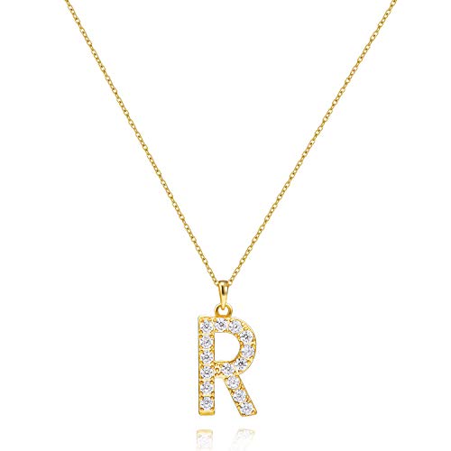 Tarsus Initial Cubic Zirconia Necklace Jewelry Gifts for Women Adjustable Chain 18" + 2" - style: Gold-R-Diamond style