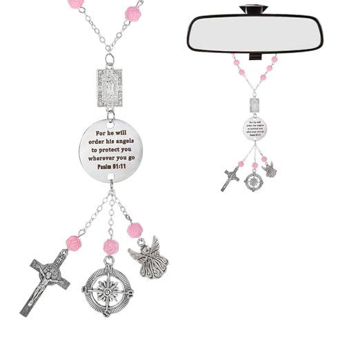 Car Rosary Rosary for Car Cross for Cars Mirror Hanging Cross for Cars Charm Psalm 91: 11 Bible Verse for Rearview Mirrors Religious Gifts Driver Mini Cute Accessories Gift for Women