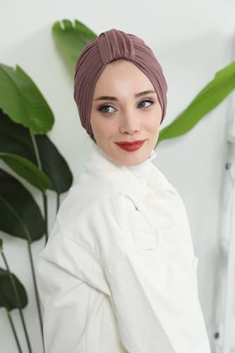 Aisha's Design Instant Turban Plain Cotton Scarf Head Wrap Lightweight Hat Bonnet Cap for Women - color: Dusty Rose