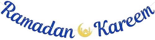 Ramadan Kareem Banner Umrah Mubarak Decoration for Islamic Muslim Ramadan Decorations for Home Blue Glitter