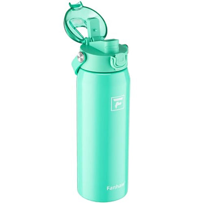 Fanhaw 24 oz Insulated Stainless Steel Water Bottle with 2-in-1 Straw& Chug Lid, Leakproof Wide Mouth Vacuum Bottle for School, Sports, Kids, Teens& Adults, Back to School Essentials (Bianchi Green) - color: Bianchi Green