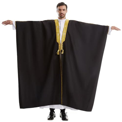 Muslim Men Thobe Thick Golden Tassel Muslim Prayer Cardigan Eid Open Abaya - color: Black, size: Large