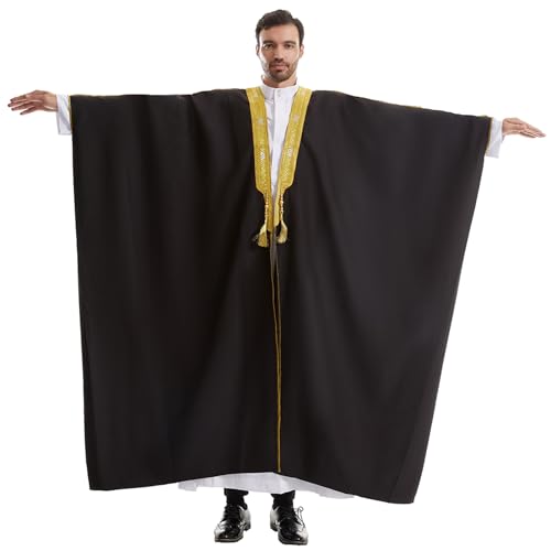 Muslim Men Thobe Thick Golden Tassel Muslim Prayer Cardigan Eid Open Abaya - color: Black, size: Medium