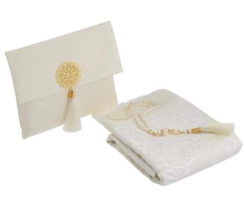 Prien Muslim Prayer Rug with Tasbih and Portable Bag, Muslim Gift for Women Men, Mubarak Islamic Box, Soft Mat Islam Gifts Set, Turkish Sajadah for Ramadan, Eid, Hajj, Travel, Pray (Cream) - color: Cream