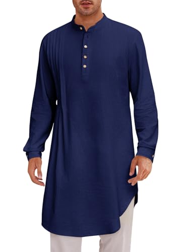 Runcati Mens Kaftan Thobe Cotton Linen Henley Shirt Long Sleeve Robe Casual Muslim Gown Kurta - color: Navy Blue, size: XX-Large