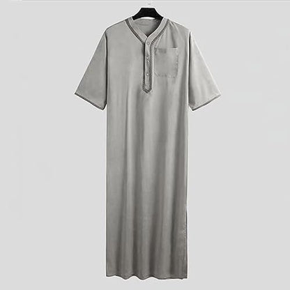 Ctreela Men's Half Sleeve Thobe Muslim Kaftan Dubai Long Gown Saudi Arab Thobe Ramadan Islamic Robes for Casual Summer Beach - color: Gray, size: Medium