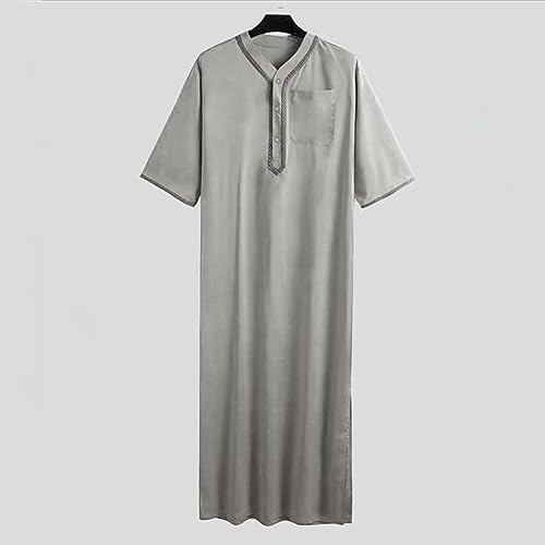 Ctreela Men's Half Sleeve Thobe Muslim Kaftan Dubai Long Gown Saudi Arab Thobe Ramadan Islamic Robes for Casual Summer Beach - color: Gray, size: 3X-Large