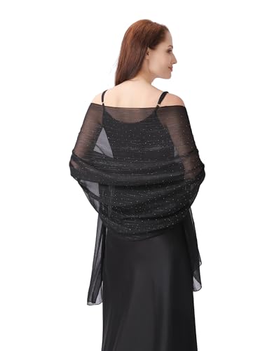 OurLore Chiffon Shawls Wraps for Women Sheer Glitter Scarf Sparkly Rhinestones Shoulder Sarong Cover Up Hijab for Wedding - color: Black