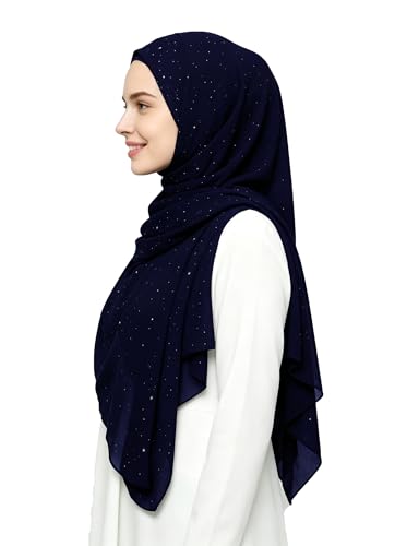 Lina & Lily Sparkle Shimmer Gold Glitter Women's Chiffon Hijab Head Scarf Shawl Wrap Lightweight - color: Navy Blue